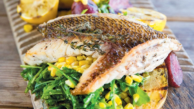 cast iron snapper and grilled fingerlings and corn salad with meyer lemon vinaigrette