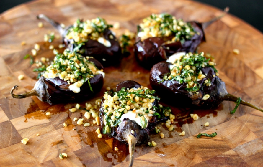 Grilled Baby Eggplant with Mozzarella and Pine Nut Gremolata