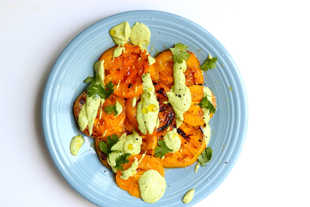 Grilled Yellow Tomatoes with Avocado Sauce