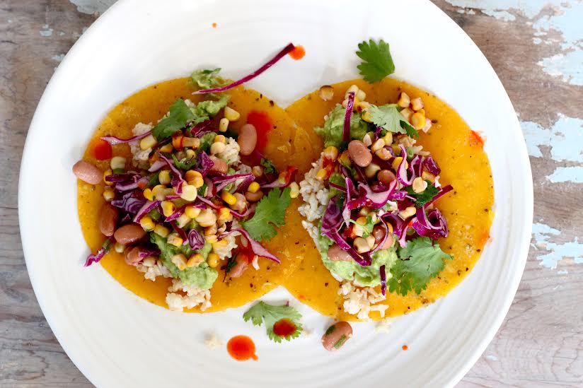 Guaco Tacos with Corn, Cabbage and Bean Slaw