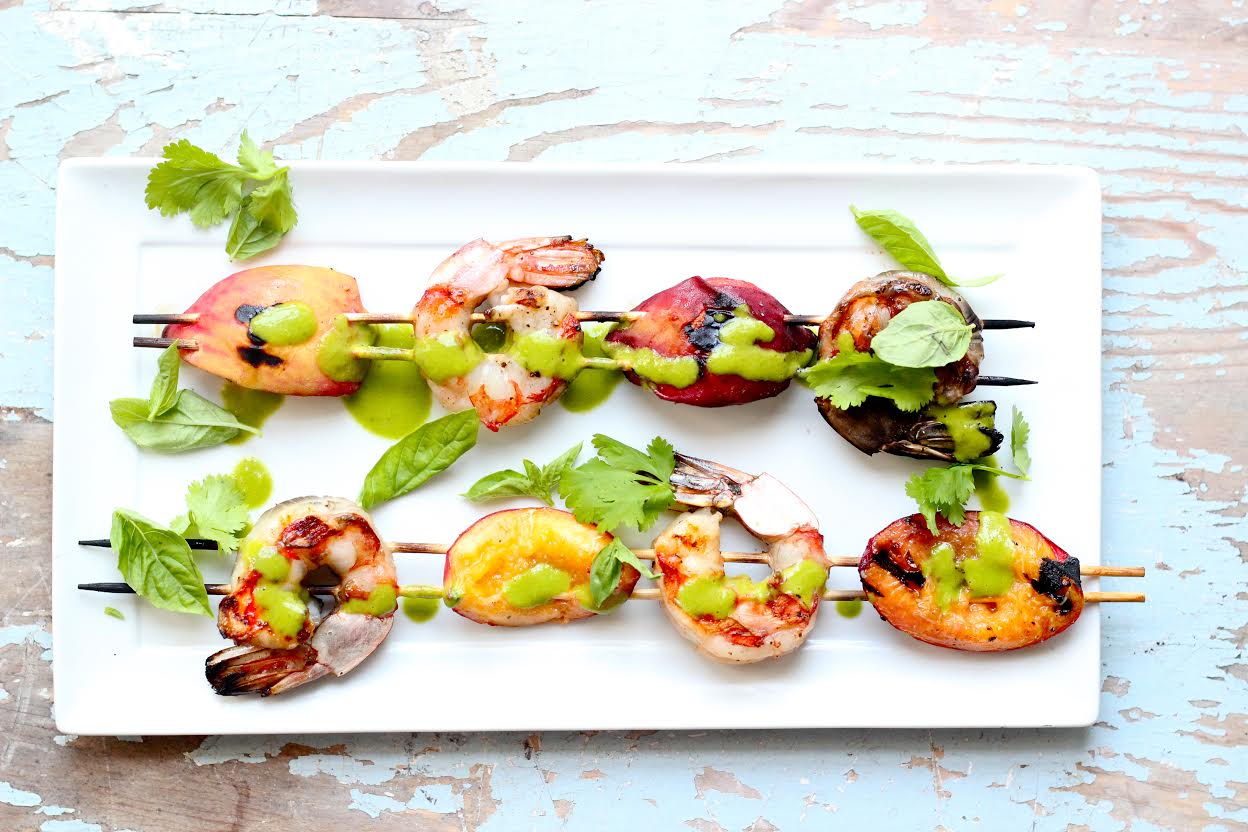 Grilled Shrimp and Peaches with Basil Chimichurri